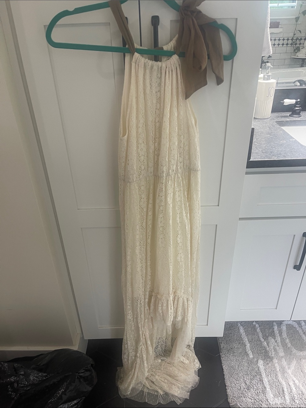 Areve Cream Lace High-Low Dress with Tie Shoulder